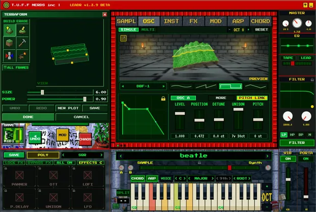 LEADR's terraform editor, shaping a wavetable as a 3D landscape.