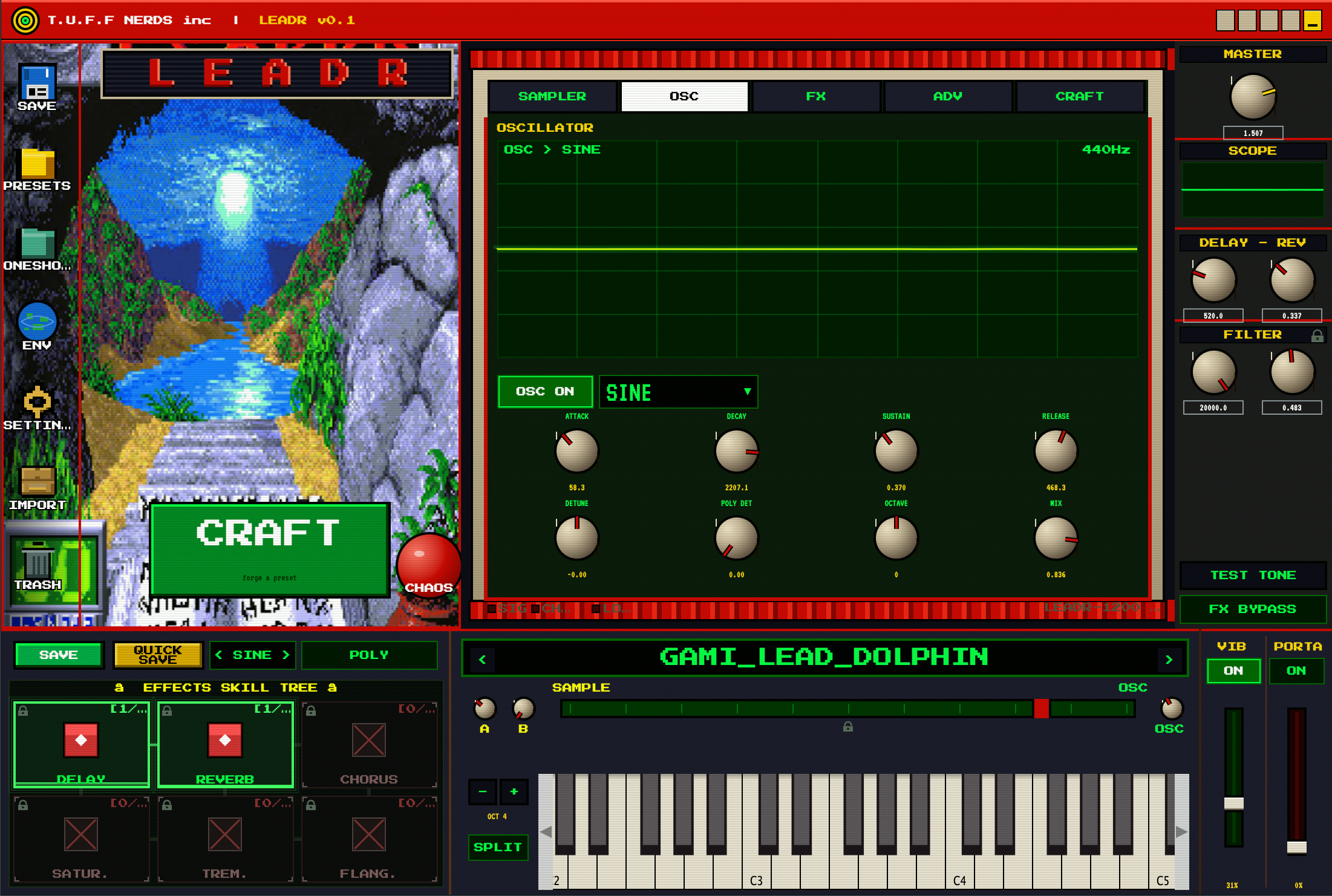 Leadr v1.0 control surface: red chassis, green CRT screens, chunky beige knobs, dithered fantasy backdrop.