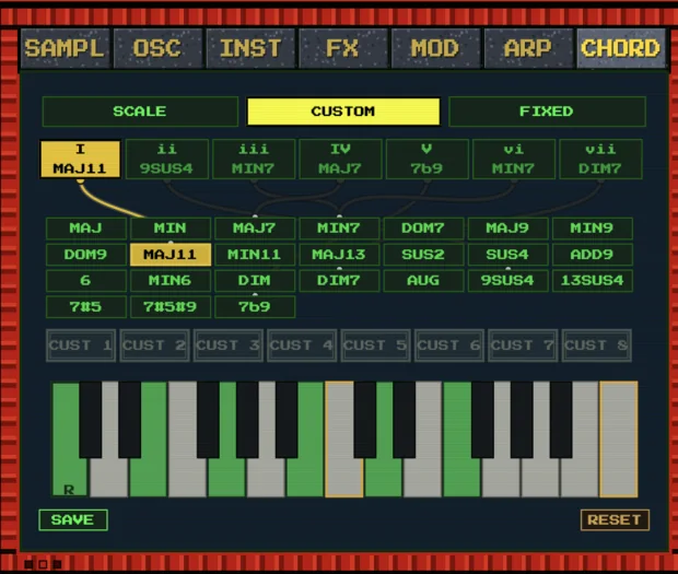 LEADR's chord page: pick a chord for each step of the scale and play it from one key