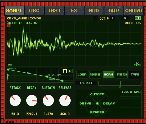 LEADR's sampler page: a waveform, envelope knobs and loop, reverse and stretch buttons