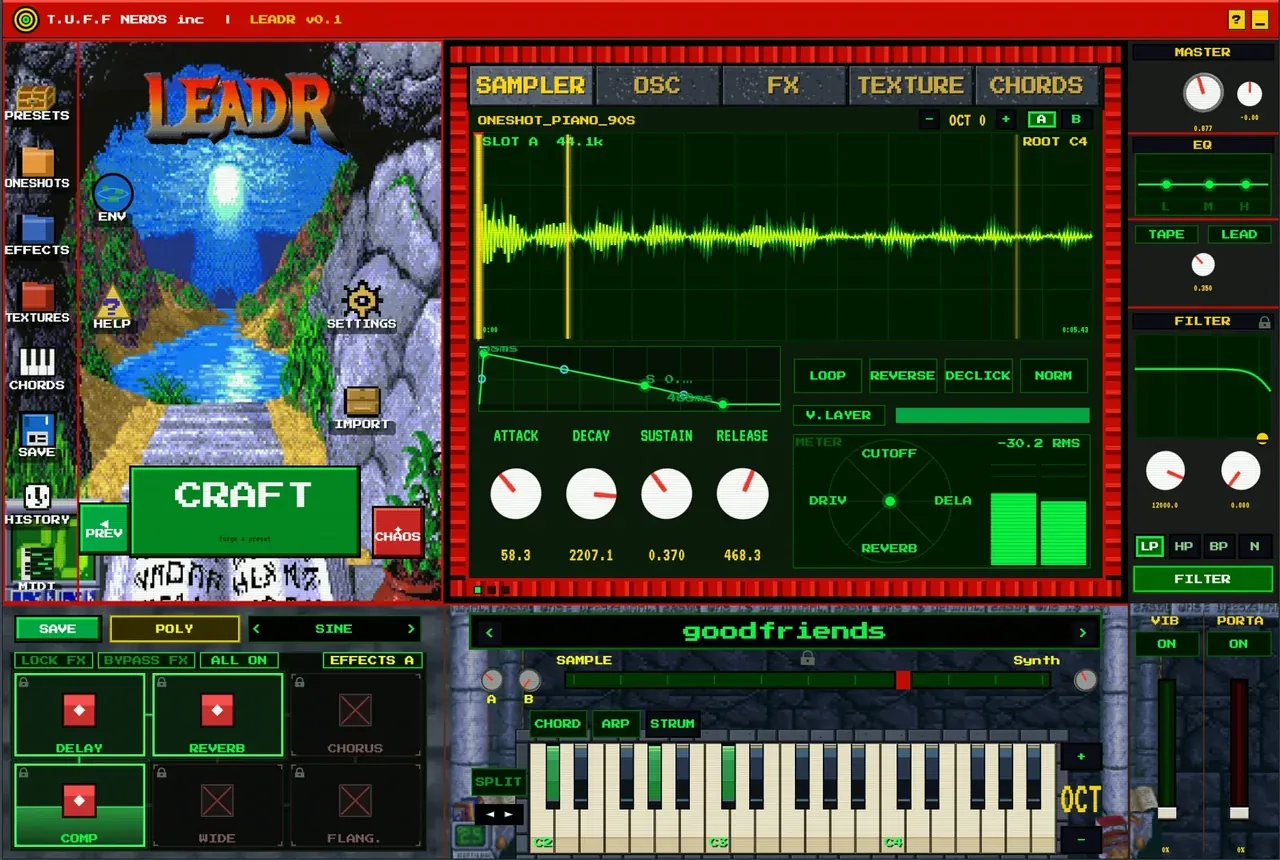 LEADR plugin interface with sampler, oscillator, presets and effects.
