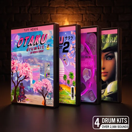 Drum Kits Bundle: four drum kit cases lined up in a torch-lit dungeon, badged four drum kits, over 2,500 sounds.