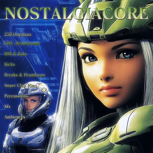 Nostalgia Core Drumkit cover: an armoured figure with white hair in green and blue.