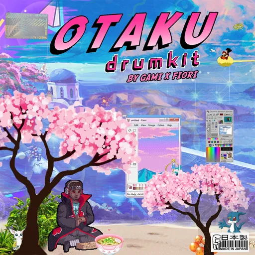 Otaku Drumkit Vol.1 cover: a figure under cherry blossom beside a pixel art window.