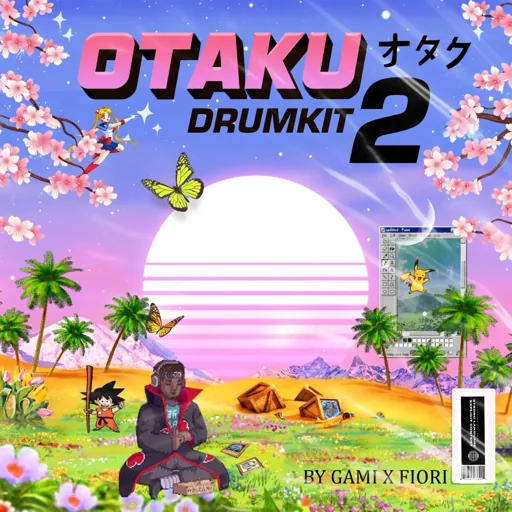 Otaku Drumkit Vol.2 cover: a sunset beach scene in pink and purple.