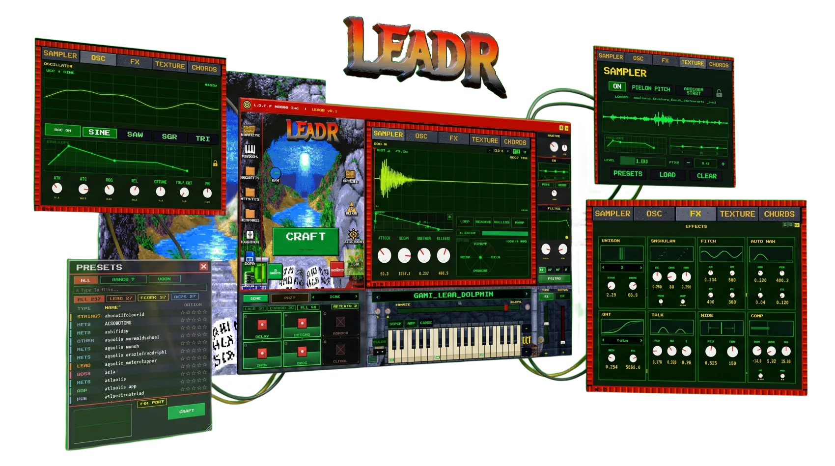 The LEADR plugin: sampler, oscillator, effects, texture and chords panels with the preset browser and keyboard.